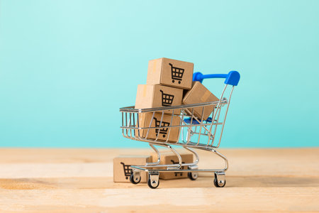 online shopping concept with shopping cart symbolの写真素材