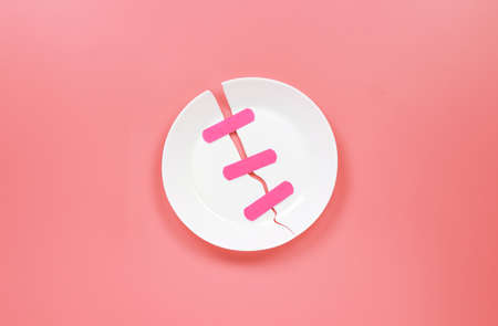 Top view of empty white plate on pink background.