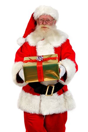 father christmas holding a gift box studio shot on off  white backgroundの写真素材