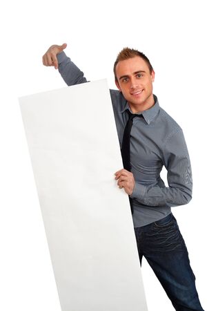 young businessman holding a blank banner の写真素材