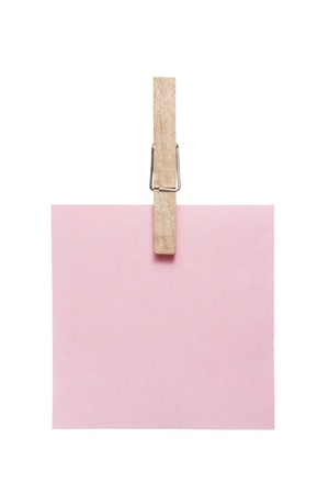 pink reminder note with clothes pins isolated on white の写真素材