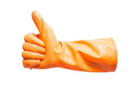 Thumbs up with a orange vinyl glove on white background with using path の写真素材