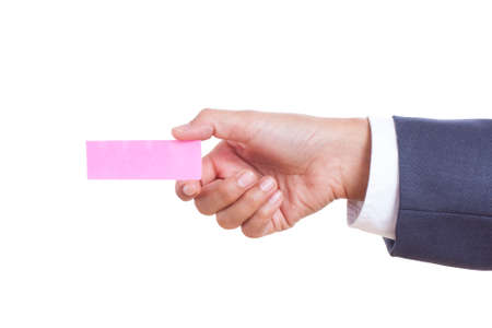 Businessman hand holding sticky note, isolated on white の写真素材