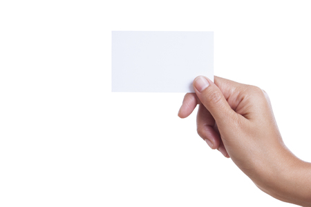 A female handing a blank business card, isolated on white background  with using path の写真素材