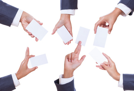 Businessman hand holding blank business card in hand  Collection set  Isolated on white  の写真素材