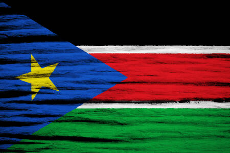 South Sudan flag painted on old wood background の写真素材
