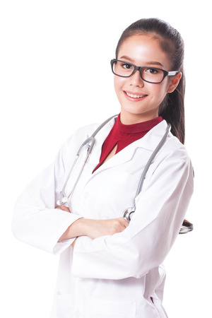 Full length portrait of happy female doctor with stethoscope.の写真素材