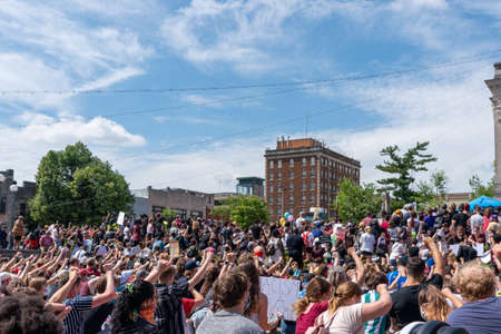 Black Lives Matter Protest in Bloomington, Indiana, USA. June 5th 2020. In the front of Monroe County Courthouse. Downtown.のeditorial素材