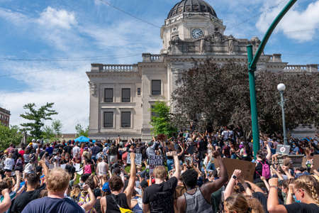 Black Lives Matter Protest in Bloomington, Indiana, USA. June 5th 2020. In the front of Monroe County Courthouse. Downtown.のeditorial素材