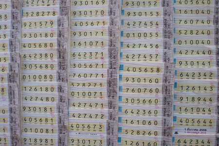 BANGKOK, THAILAND - November 26, 2016: Thai government lottery in the market stall. It sold 80 baht per oneのeditorial素材
