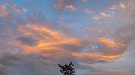 colorful of sky with orange and blue clouds in the evening with Cloud shaped like a sharkの写真素材