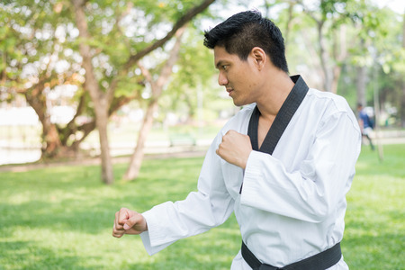 A male taekwondo is standing on green grass and looking ahead in public park, ready to fight.の写真素材