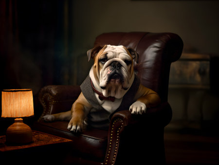 brown and white english bulldog with shirt sit on brown armchair, and fire of candle, concept of relax, generative aiの素材