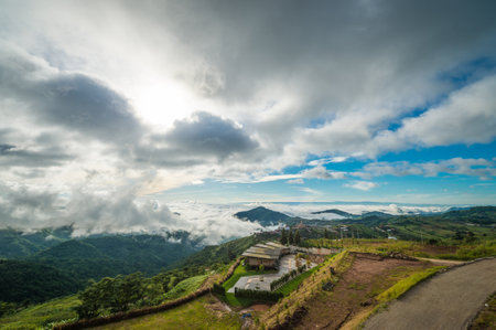 Phetchabun Province, Thailand - September 3, 2017: Top view to see mountain and Wat Pha Sorn Kaew Temple or Wat Phra Thart Pha Kaew Temple in Khao Kho, Thailand. view of mountain, blue sky and cloudy.のeditorial素材