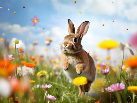 rabbit jump on grass in the garden of a field colorful flowers and grassの素材