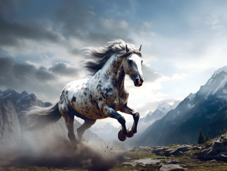 white horse is running up the mountain. with a view of the high mountains and sky, illustration, generative aiの素材