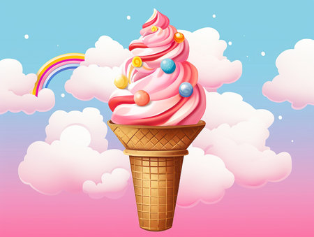 beautiful pink ice cream and waffle cone with light blue and pink backgroundの素材
