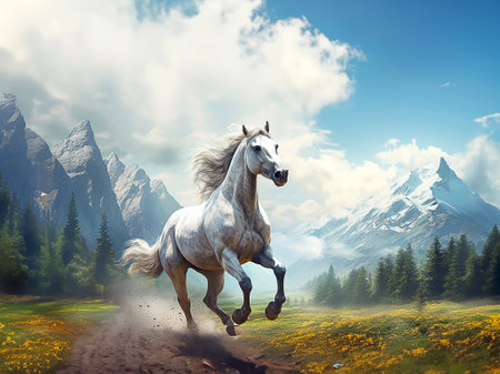white horse is running in the meadow. with background of tree view and the surrounding mountains, illustration, generative aiの素材