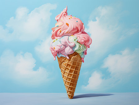 pink ice cream and waffle cone with light blue background, deliciousの素材