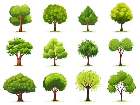 collection set of twelve green trees isolated on white background. illustration, generative aiの素材