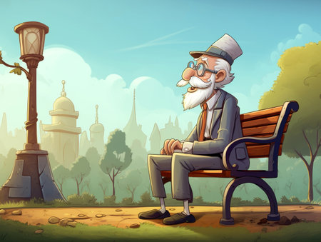 cartoon of old man wear suit and eyeglasses and hat sit on chair in the public park, garden, illustration, generative aiの素材