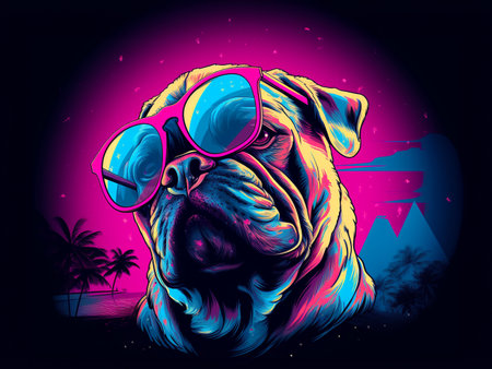 painting of english bulldog and headphone by pink and blue and orange lighting, picture for printing to t-shirt, neon, illustration, generative aiの素材