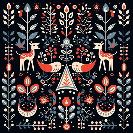 Nordic pattern on black background, abtract of animal and tree, illustration, generative aiの素材