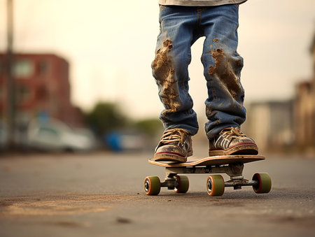 legs of kid boy practicing riding skateboard in the city, a child wear old messy jeans standing on a skateboard in the park. generative aiの素材