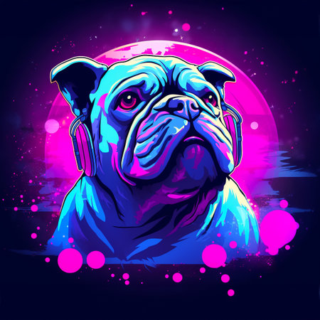 painting of english bulldog and headphone by pink and blue lighting, picture for printing to t-shirt, neon, illustration, generative aiの素材