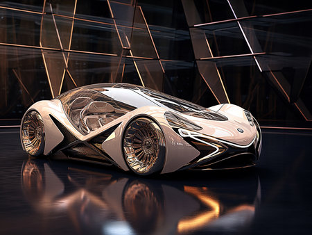 pure silver and glass digital car in garage, design future style modern, illustration, generative aiの素材