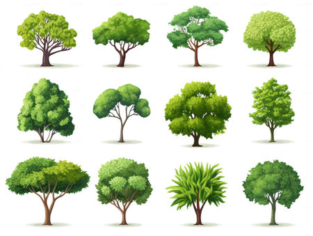 collection set of twelve green trees isolated on white background. illustration, generative aiの素材