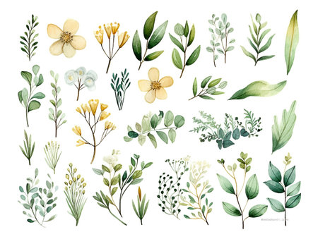 collection set of garden, green tree, flower, and leaves, isolated on white background. illustration, generative aiの素材