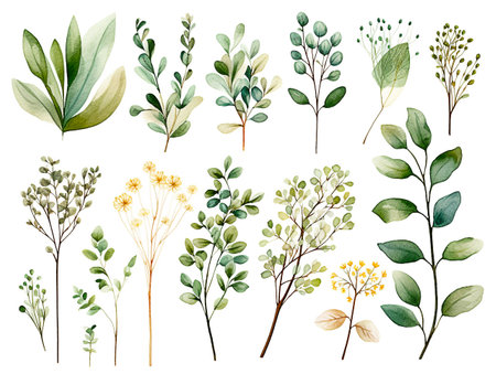 collection set of garden, green tree, flower, and leaves, isolated on white background. illustration, generative aiの素材