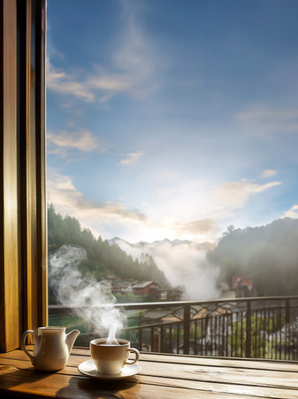 white cup of coffee and smoke on a wooden table with view of house and mountain and blue sky. copy space for text, vertical picture, enjoying life concept.の素材