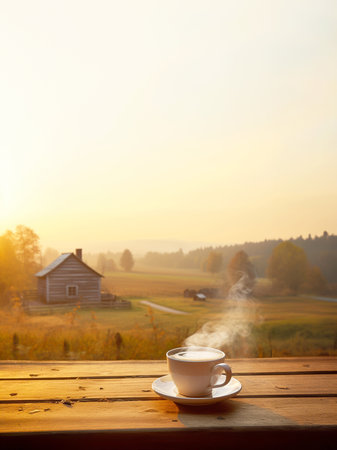 white cup of coffee and smoke on a wooden table with background of house and farmland. copy space for text, evening sunset, vertical picture, enjoying life concept.の素材