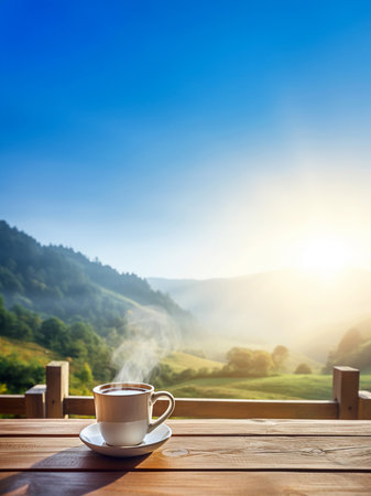 white cup of coffee and smoke on a wooden table with view of mountain and blue sky. copy space for text, vertical picture, enjoying life concept.の素材