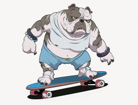 english bulldog playing with a skateboard like human on white background, paint, illustrationの素材
