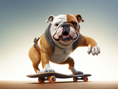 english bulldog playing with a skateboard like human, 3d, illustrationの素材