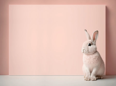 white rabbit sitting on pink background, pastel, with copy space for write textの素材