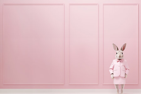 A rabbit stands like human on pink background and wear pink suit and skirt. with copy space for textの素材