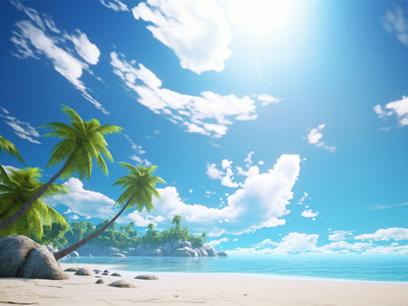 tropical beach with coconut palm trees, sea sand sun, panoramic view with copy space, illustrationの素材