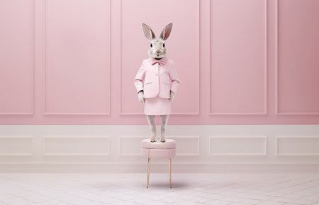 A rabbit standing on chair like human on pink background and wear pink suit and skirt. with copy space for textの素材