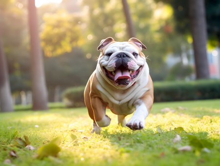 Purebred brown english bulldog run on green grass at public park, sunshine, fat dog are funnyの素材