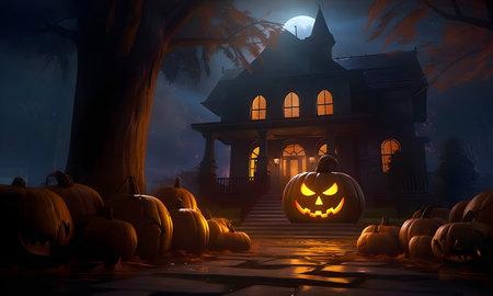 Witch house with big tree and moon at night, glowing Jack-o'-lantern, concept of halloween festival, Trick or Treat. pumpkinの素材