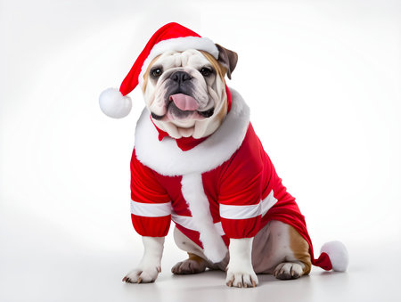 cute English Bulldog in Santa claus costume. adorable dog on white background.  Merry Christmas. Happy New Year. Winter.の素材