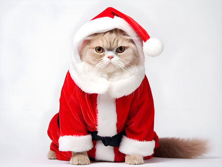 cute cat in Santa claus costume. adorable Kitten on white background. Merry Christmas. Happy New Year. Winter.の素材