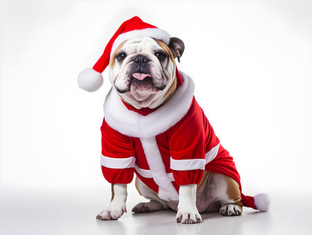 cute English Bulldog in Santa claus costume. adorable dog on white background.  Merry Christmas. Happy New Year. winterの素材