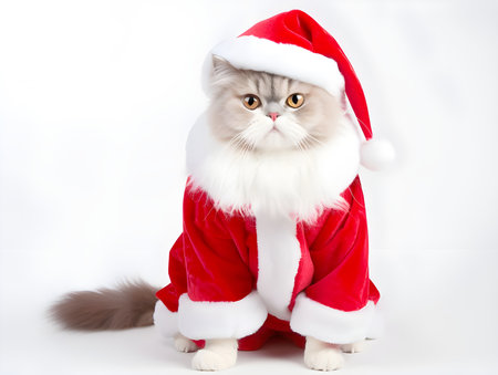 cute cat in Santa claus costume. adorable Kitten on white background. Merry Christmas. Happy New Year. Winter.の素材