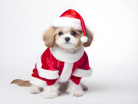 cute fluffy dog in Santa claus costume. adorable dog on white background.  Merry Christmas. Happy New Year. winterの素材