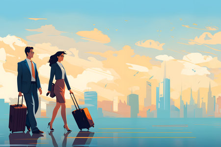 two business partners going on business trip carrying suitcases and background of city, businessman and businesswoman with copy space for textの素材